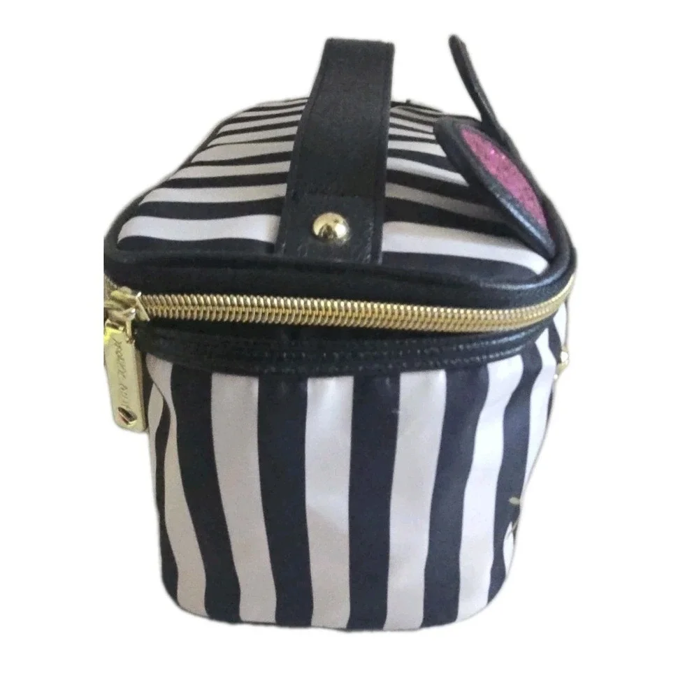 Betsey Johnson Stripe Cat Makeup Bag Pink Glitter Ears Train Case Cosmetic Pouch